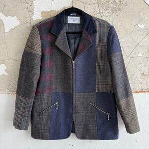 Vtg Patchwork Jacket Wool Tweed Plaid Zip Front Blazer Womens M Preppy Academia